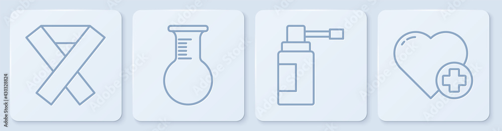 Set line Awareness ribbon, Medical bottle with nozzle spray, Test tube and flask and Heart with a cr