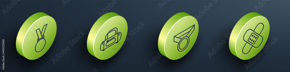 Set Isometric Medal, Sport bag, Medal and Crossed bandage plaster icon. Vector