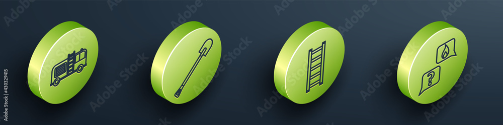 Set Isometric Fire truck, Fire shovel, Fire escape and Phone with emergency call 911 icon. Vector