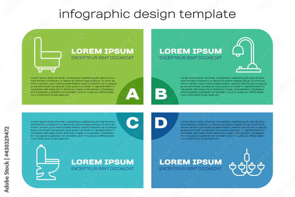 设置线抽水马桶、扶手椅、吊灯和台灯。商业信息图模板。矢量