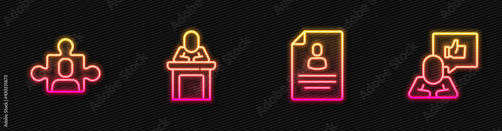 Set line Resume, Project team base, Speaker and Hand like. Glowing neon icon. Vector