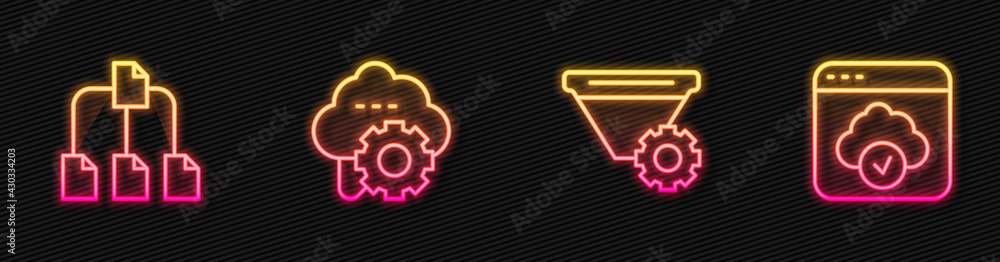 Set line Filter setting, Folder tree, Cloud technology data transfer and . Glowing neon icon. Vector