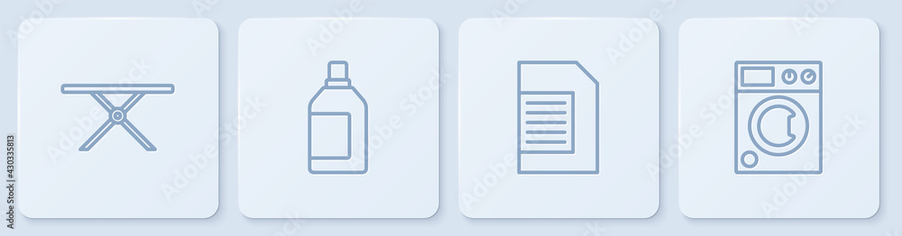 设置线路熨衣板、洗衣液、洗涤剂瓶和洗衣机。白色方形按钮