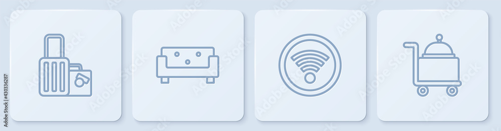 Set line Suitcase, Wi-Fi wireless, Sofa and Covered with tray. White square button. Vector