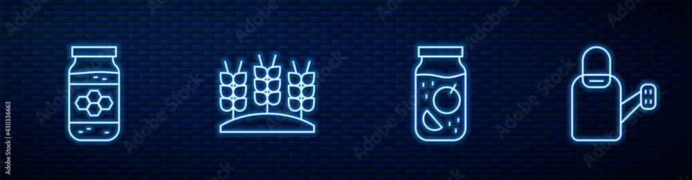 装果酱罐、蜂蜜罐、小麦罐和水罐。砖墙上闪闪发光的霓虹灯图标。矢量