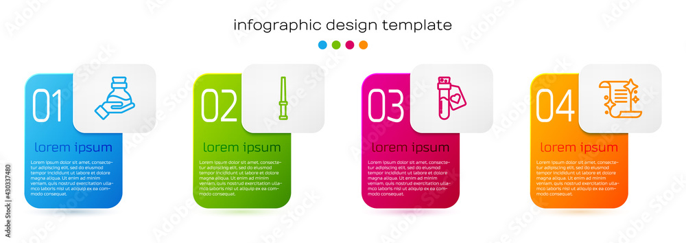 装有药水、魔杖、爱情和古代魔法书的套装瓶。商业信息图模板。