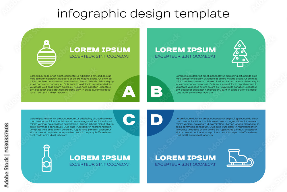 套装香槟瓶、圣诞球、花样滑冰鞋和圣诞树。商业信息图模板。Ve