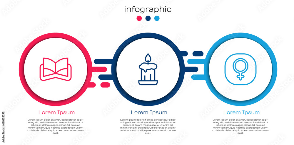 Set line Ancient magic book, Burning candle and Venus. Business infographic template. Vector