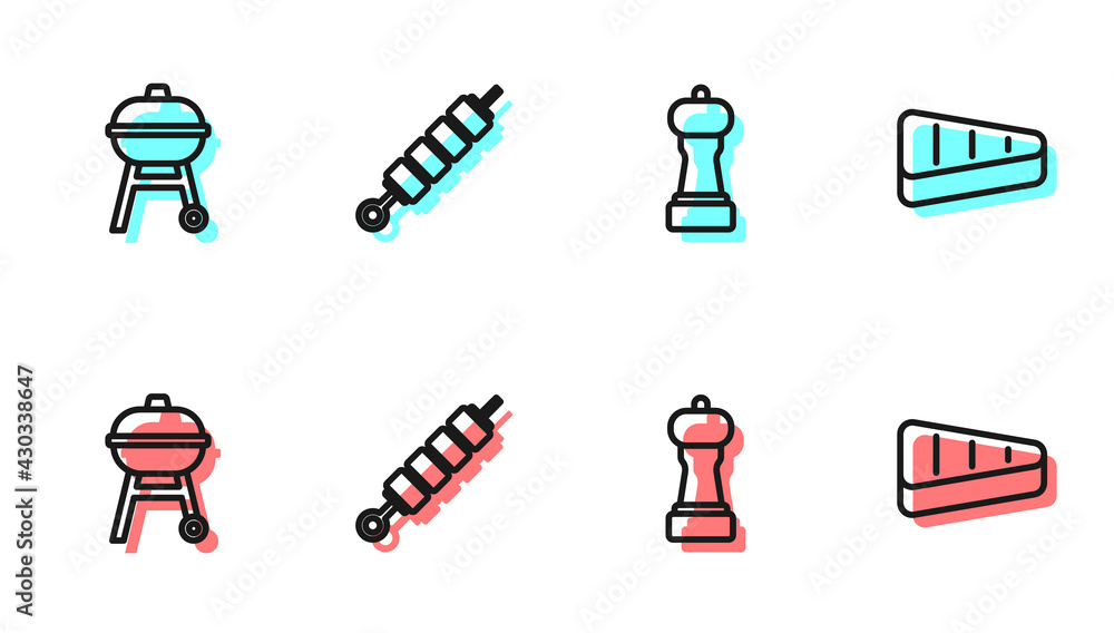 Set line Pepper, Barbecue grill, Grilled shish kebab and Steak meat icon. Vector