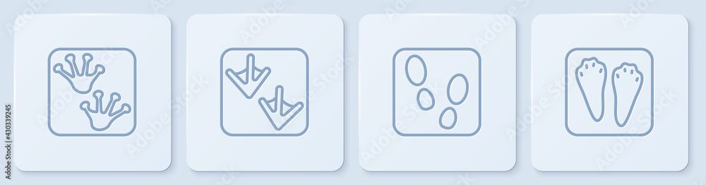 Set line Frog paw footprint, Human footprints shoes, Goose and Rabbit and hare. White square button.