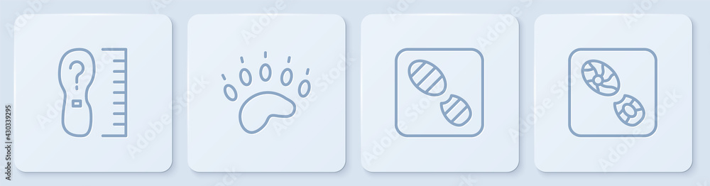 设定线方形尺寸，人类脚印鞋，熊掌和白色方形按钮。Vecto