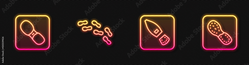 Set line Human footprints shoes, , and . Glowing neon icon. Vector