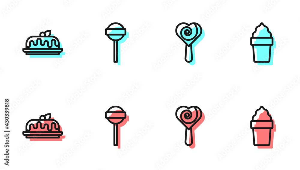 Set line Lollipop, Cake, and Ice cream in waffle cone icon. Vector