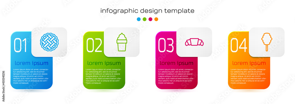 Set line Homemade pie, Ice cream in waffle cone, Croissant and Cotton candy. Business infographic te