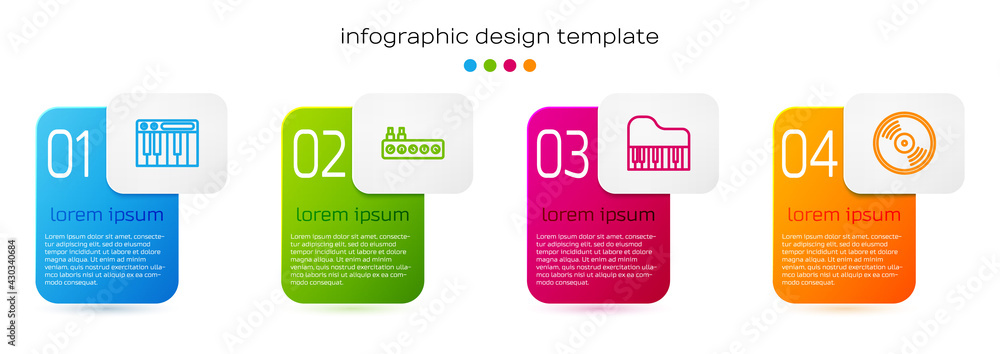 设置线音乐合成器、混音器控制器、大钢琴和乙烯基唱片。商业信息图