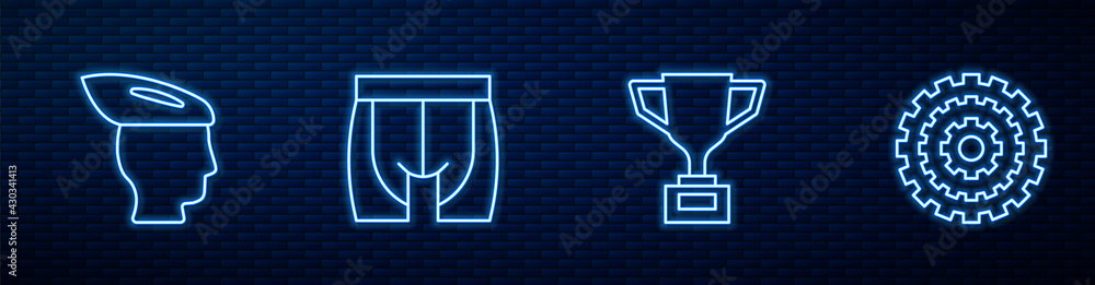 Set line Award cup with bicycle, Bicycle helmet, Cycling shorts and cassette. Glowing neon icon on b