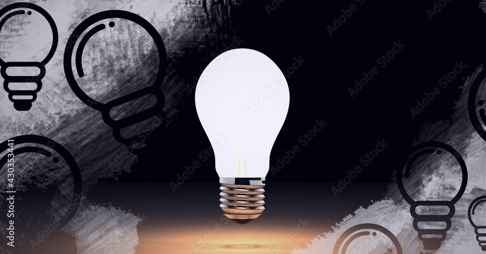 Composition of lit light bulb over light bulb icons on black background