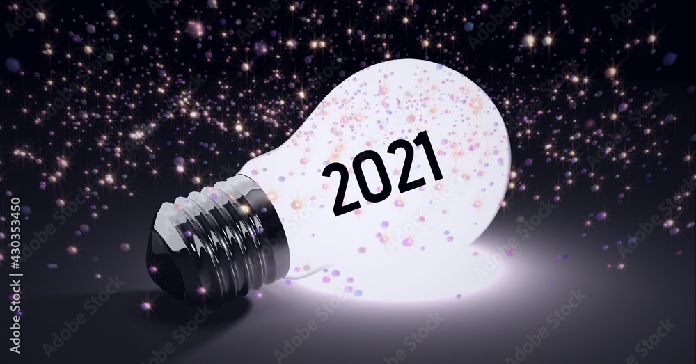 Composition of 2021 written on lit light bulb with multiple spots on black background