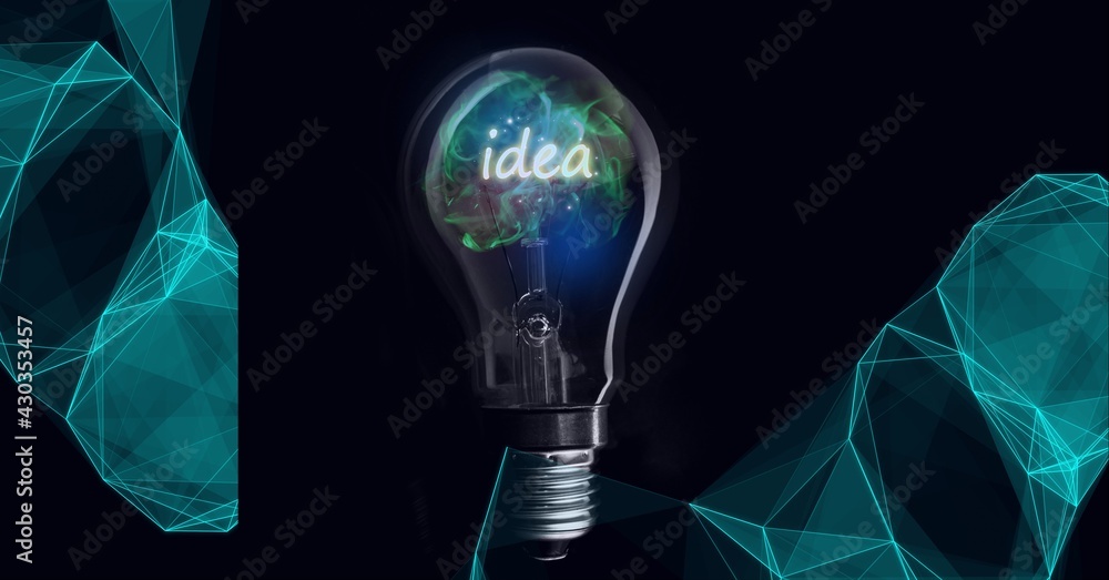 Composition of idea text in light bulb and green networks of connections on black background