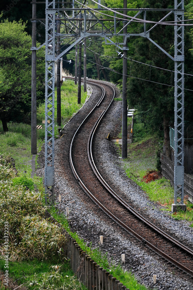 新緑の森の中を蛇行する鉄道の線路