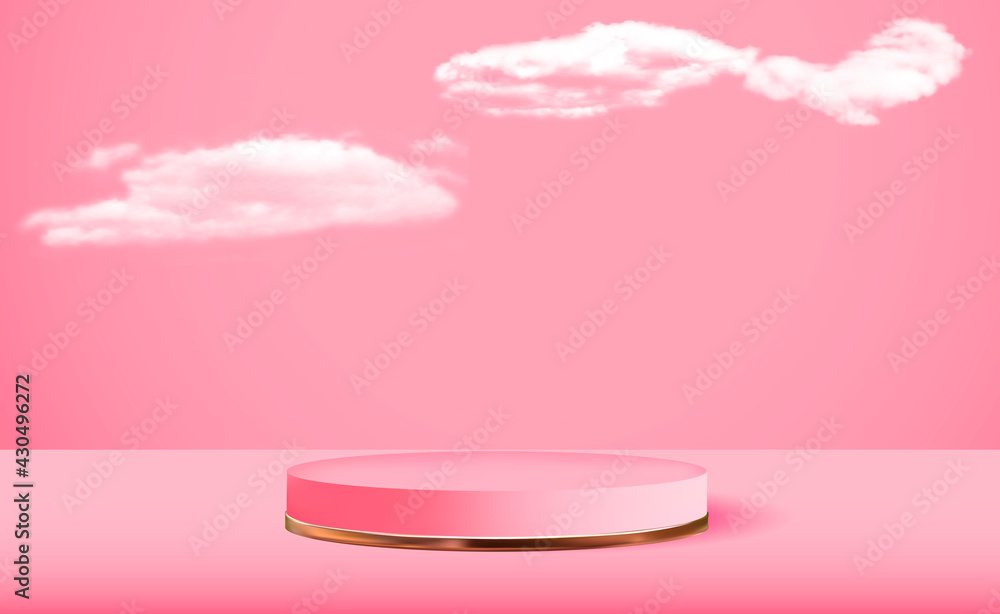 Realistic 3d pink pedestal over pink cloud background. Trendy empty podium display for cosmetic prod