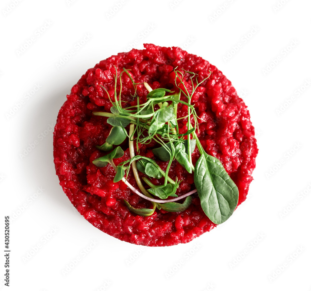 Plate with tasty beet risotto on white background