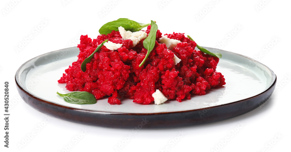 Plate with tasty beet risotto on white background