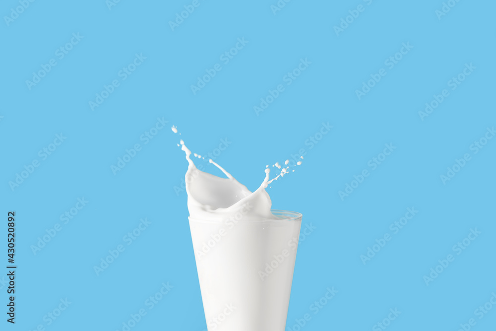 Glass of tasty milk with splashes on color background