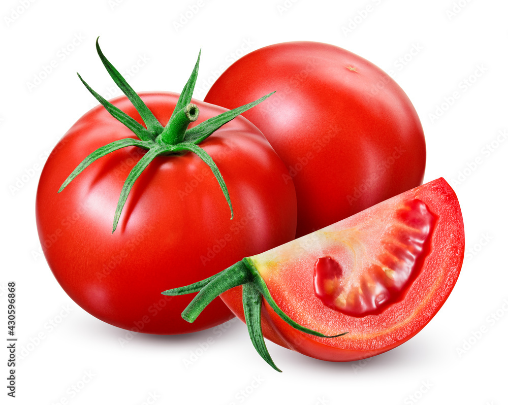 Tomato isolated on white background. Tomato with a slice isolate. Tomatoes side view. Composition wi