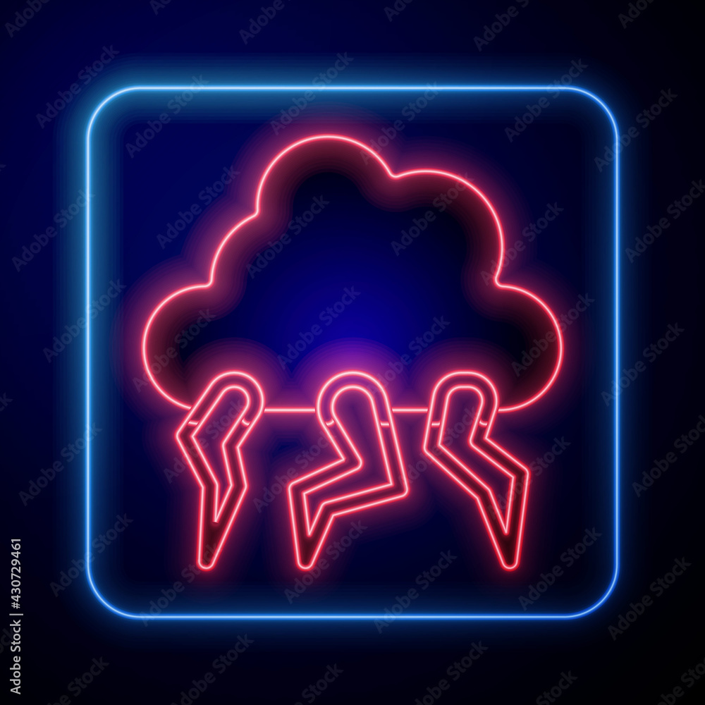 Glowing neon Storm icon isolated on black background. Cloud and lightning sign. Weather icon of stor