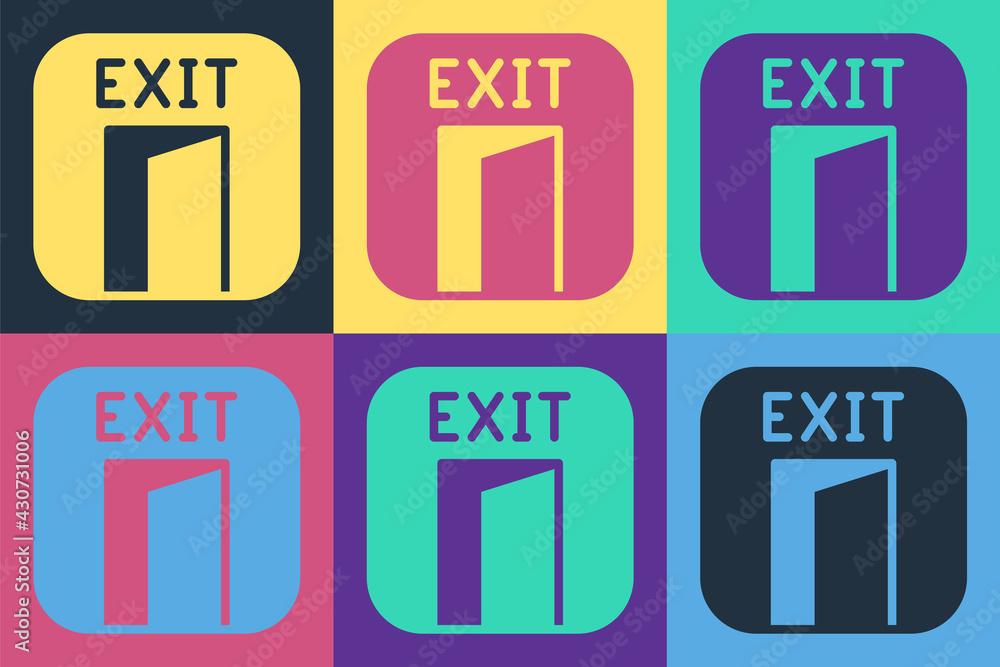 Pop art Fire exit icon isolated on color background. Fire emergency icon. Vector