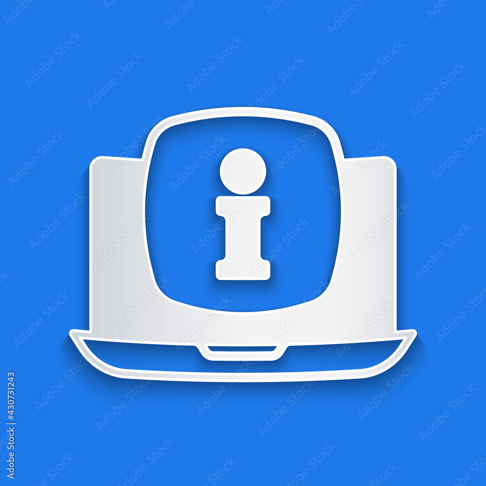 Paper cut Laptop with information icon isolated on blue background. Paper art style. Vector