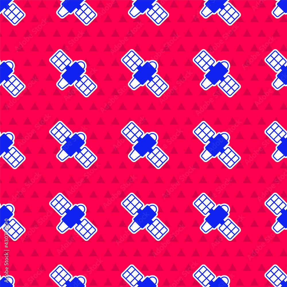 Blue Satellite icon isolated seamless pattern on red background. Vector