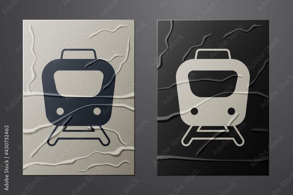 White Train icon isolated on crumpled paper background. Public transportation symbol. Subway train t