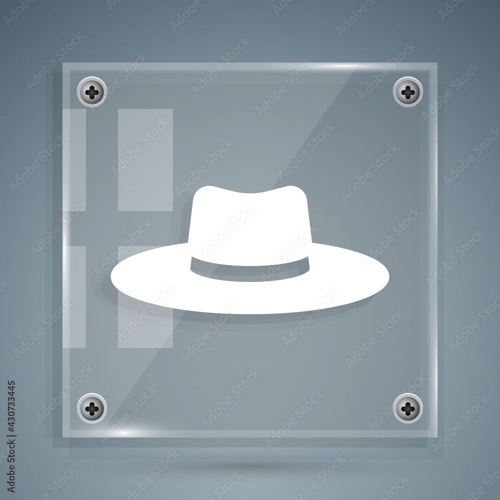 White Gardener, farmer or agricultural worker hat icon isolated on grey background. Square glass pan