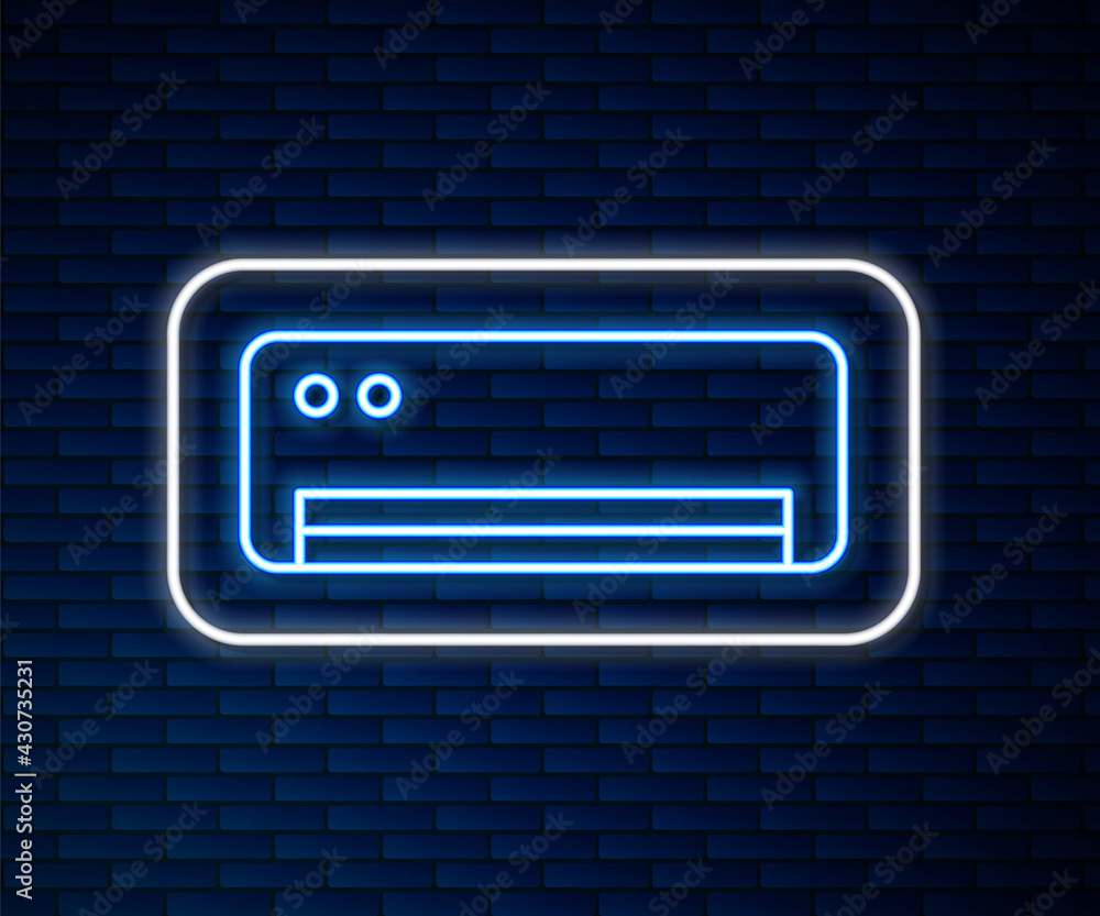 Glowing neon line Air conditioner icon isolated on brick wall background. Split system air condition