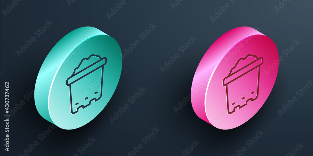 Isometric line Pot with soil icon isolated on black background. Turquoise and pink circle button. Ve