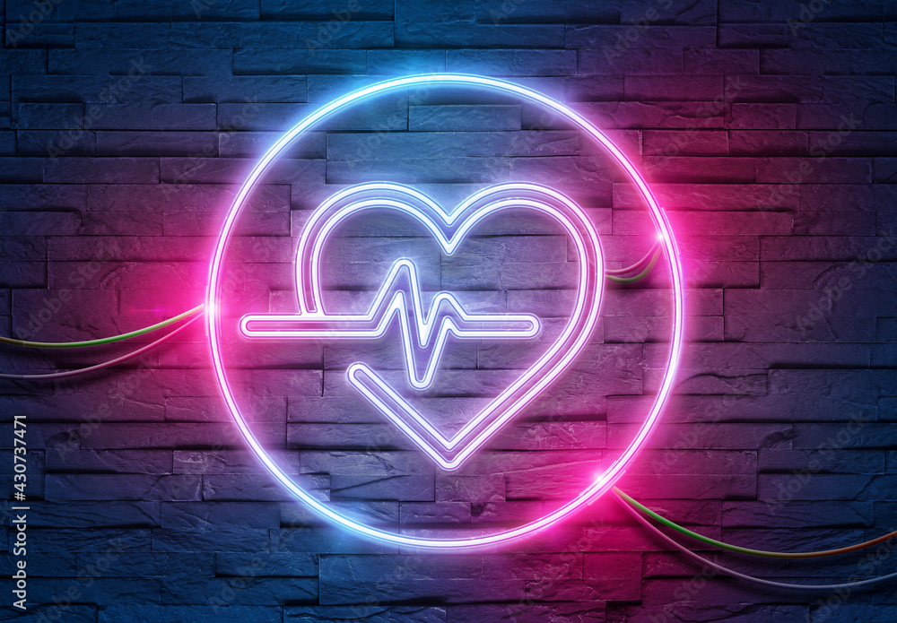 Heartbeat neon icon illuminating a brick wall with blue and pink glowing light 3D rendering