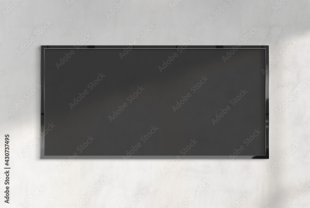 Panoramic billboard hanging on a sunlit wall mockup. Template of a pano frame bathed in sunlight 3D 