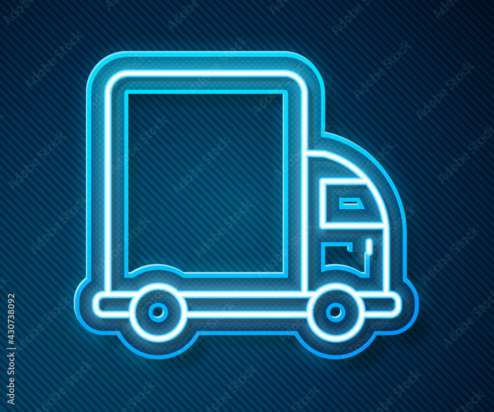 Glowing neon line Delivery cargo truck vehicle icon isolated on blue background. Vector