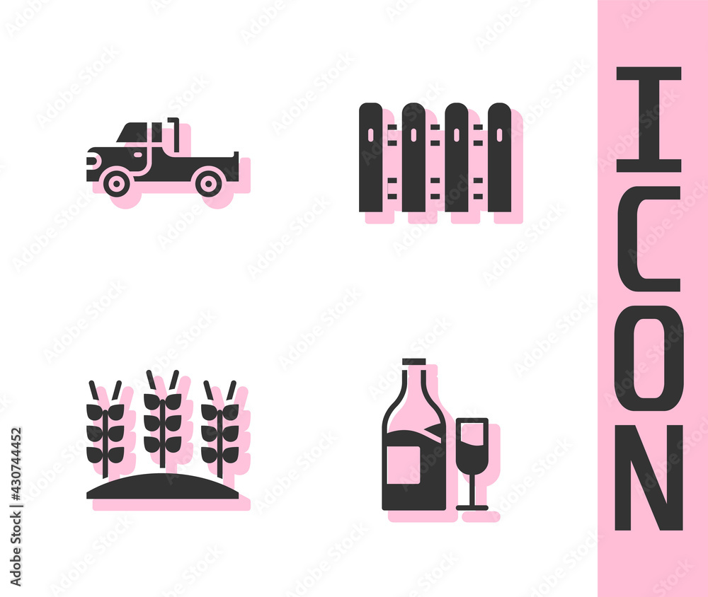 Set Wine bottle with glass, Pickup truck, Wheat and Garden fence wooden icon. Vector