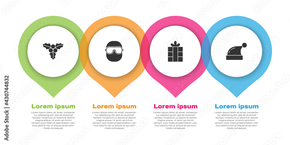 Set Branch viburnum, Ski goggles, Gift box and Christmas Santa Claus hat. Business infographic templ