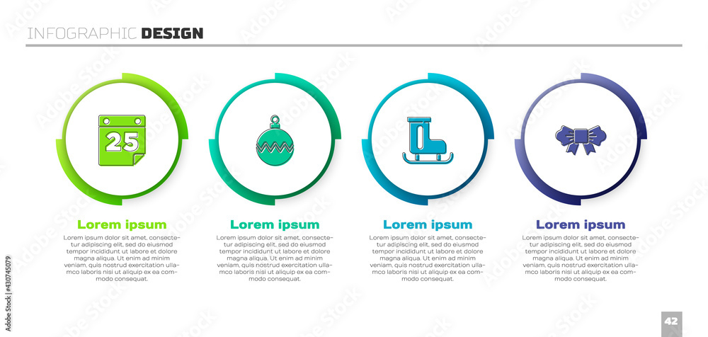 设置日历、圣诞球、花样滑冰鞋和蝴蝶结。商业信息图模板。矢量