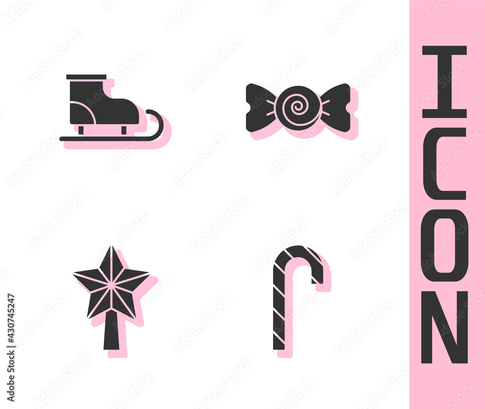 Set Christmas candy cane, Figure skates, star and Candy icon. Vector