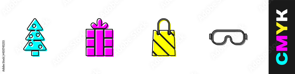 Set Christmas tree, Gift box, shopping bag and Ski goggles icon. Vector