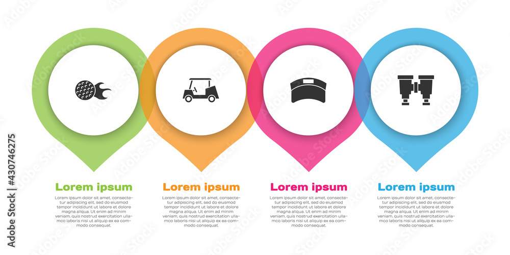设置高尔夫球、汽车、遮阳帽和双筒望远镜。商业信息图模板。矢量