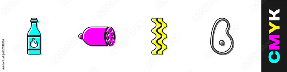 Set Tabasco sauce, Salami sausage, Bacon stripe and Steak meat icon. Vector