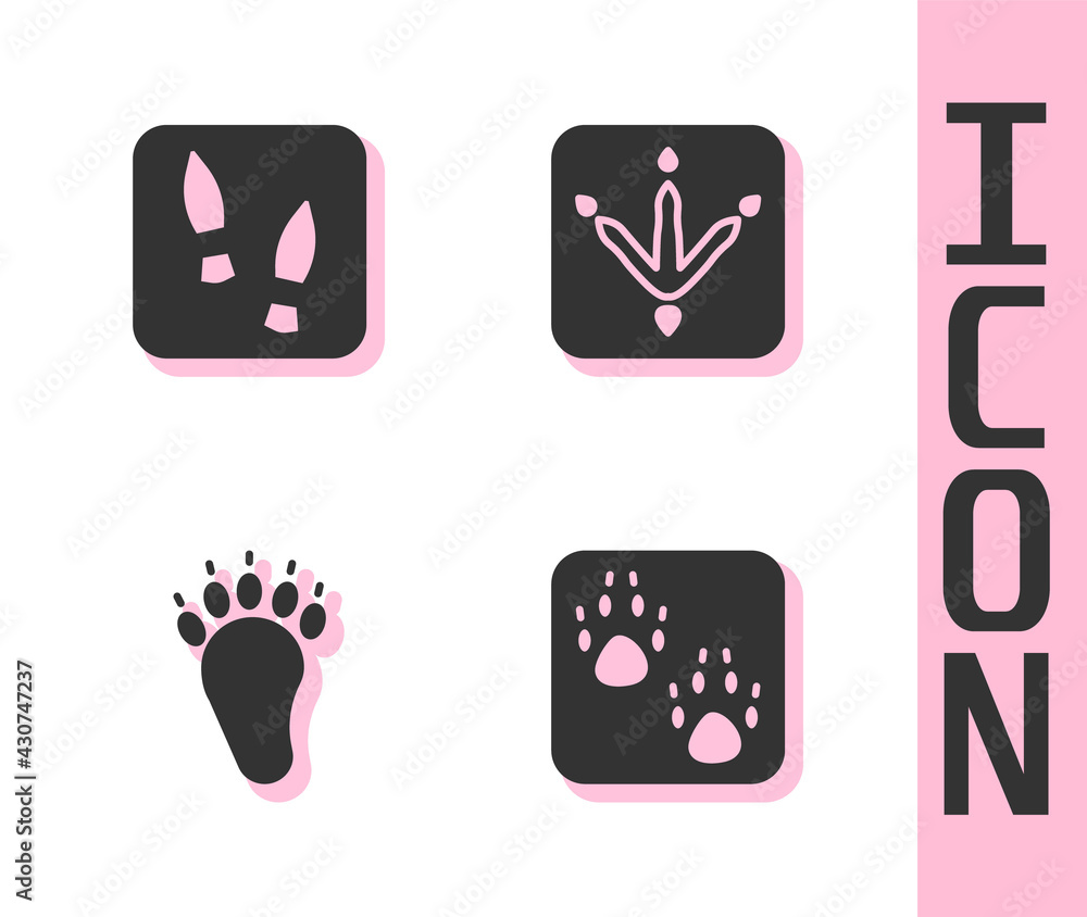 Set Paw print, Human footprints shoes, Bear paw and Chicken icon. Vector