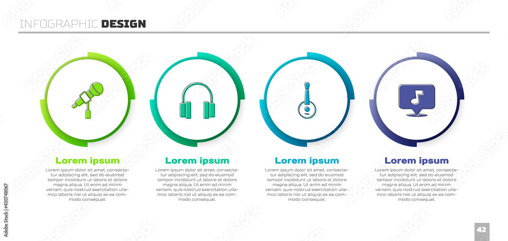 设置麦克风、耳机、班卓琴和音乐音符、音调。商业信息图模板。矢量
