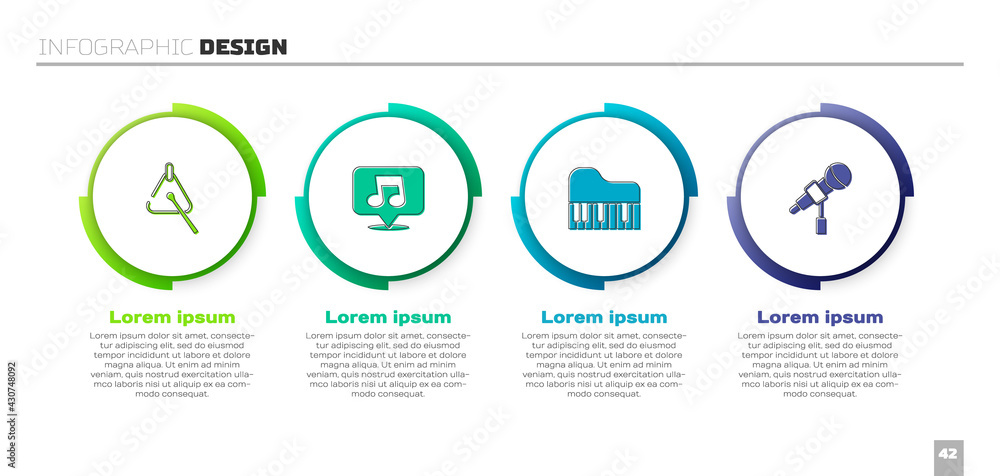 设置三角形、音符、音调、大钢琴和麦克风。商业信息图模板。矢量
